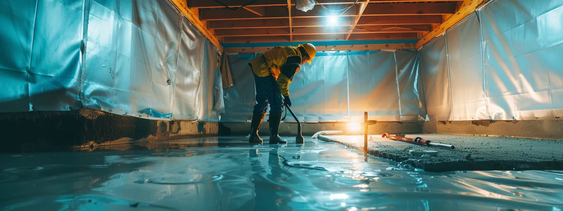 a brightly lit residential basement showcases a contractor in safety gear applying waterproof membranes to exposed concrete walls while installing a french drain, highlighting the transformative process of basement waterproofing for enhanced home value and moisture protection.