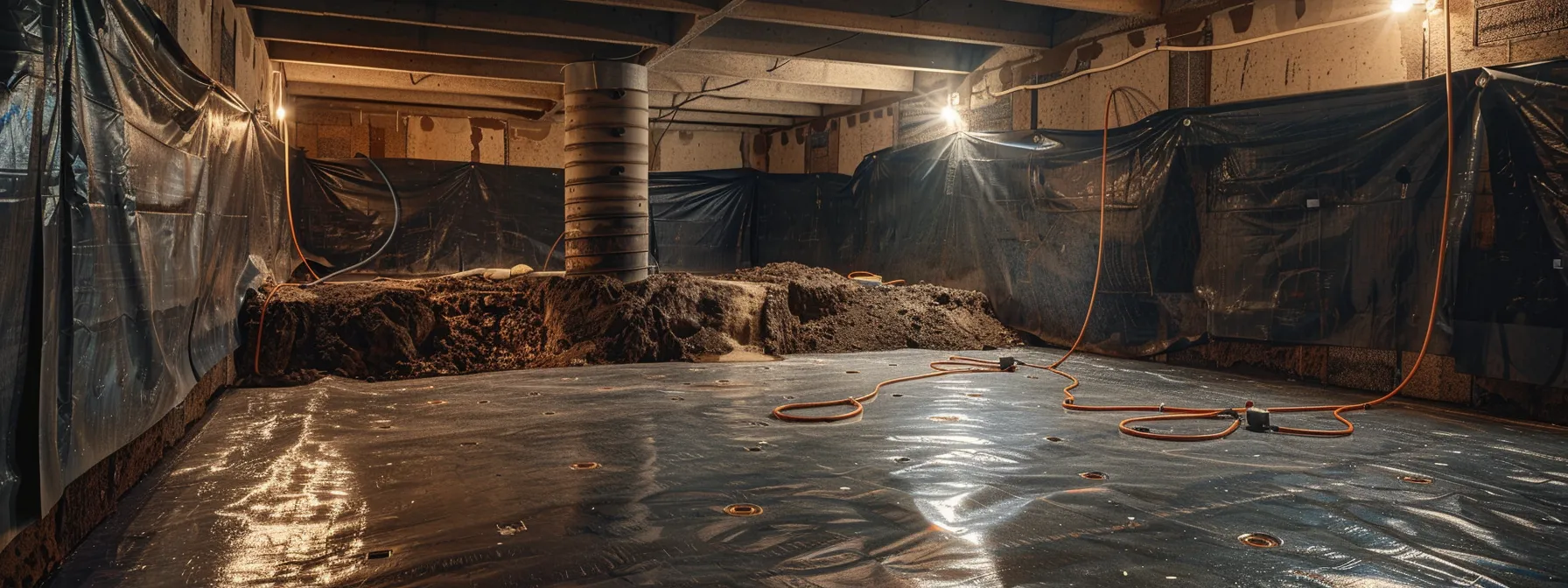 a professionally lit residential basement showcases contractors applying waterproofing membranes and installing a french drain, highlighting the meticulous process of ensuring a dry and secure home environment.