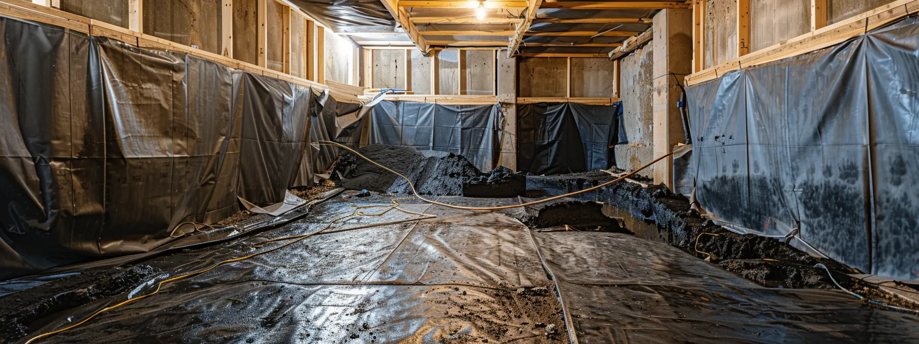 a well-lit residential basement showcases a contractor applying waterproofing membranes and sealing cracks with hydraulic cement while a french drain is being installed along the perimeter, highlighting a professional and dedicated waterproofing process.