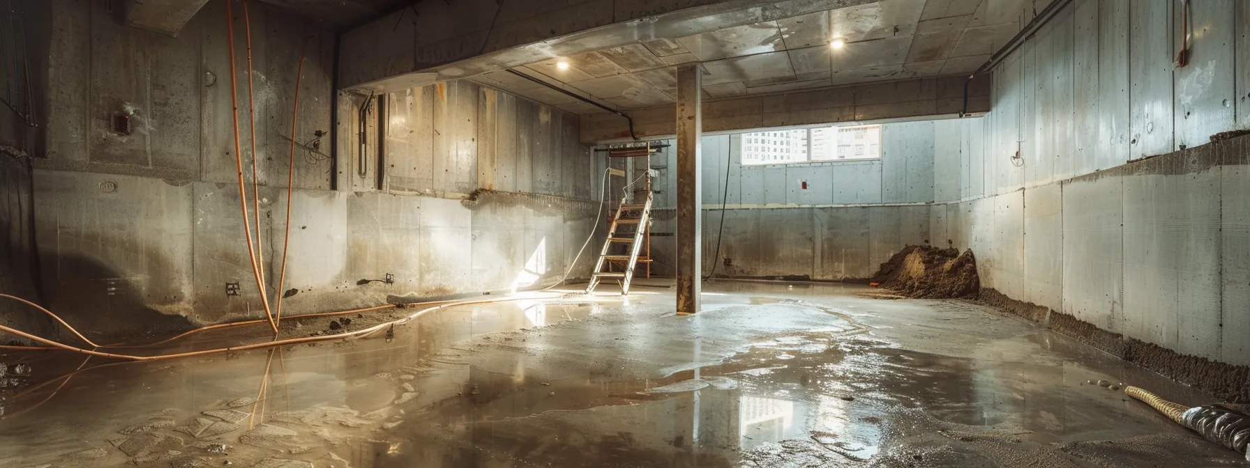 a well-lit residential basement showcases the waterproofing process, featuring exposed concrete walls as contractors apply membranes, seal cracks with hydraulic cement, and install a french drain, all within a clean and professional workspace.