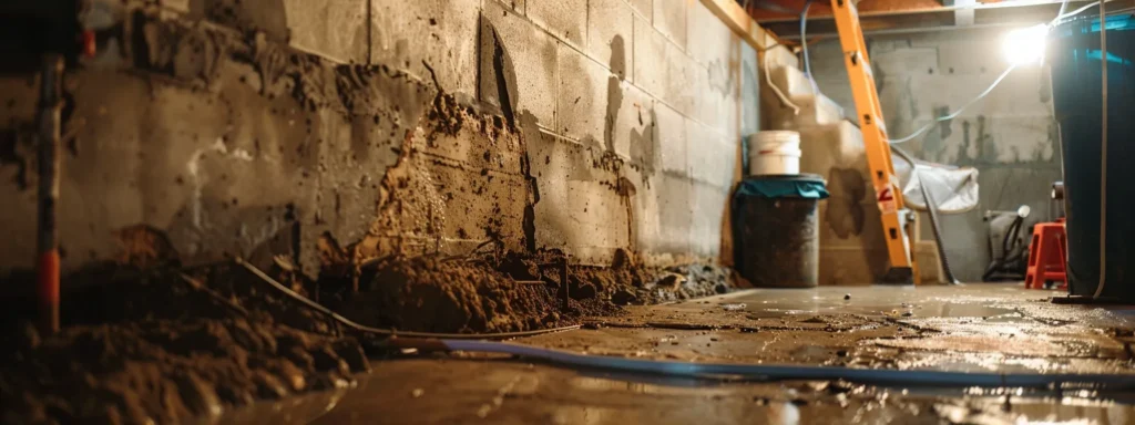 a well-lit residential basement showcases the waterproofing process with exposed concrete walls, where a contractor diligently seals cracks with hydraulic cement while another installs a french drain, highlighting the professional workspace geared for effective moisture protection.