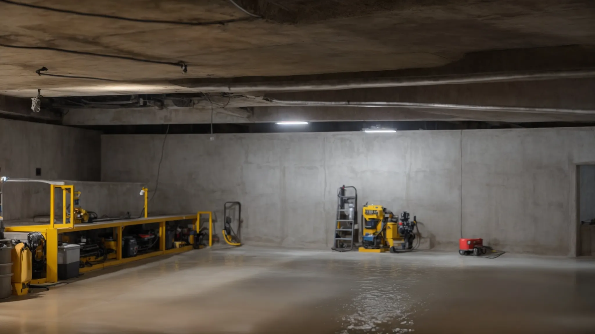 a well-lit basement showcases the waterproofing process with exposed concrete walls, where a contractor meticulously seals cracks with hydraulic cement while another installs a french drain, emphasizing the importance of professional solutions in preventing water damage.