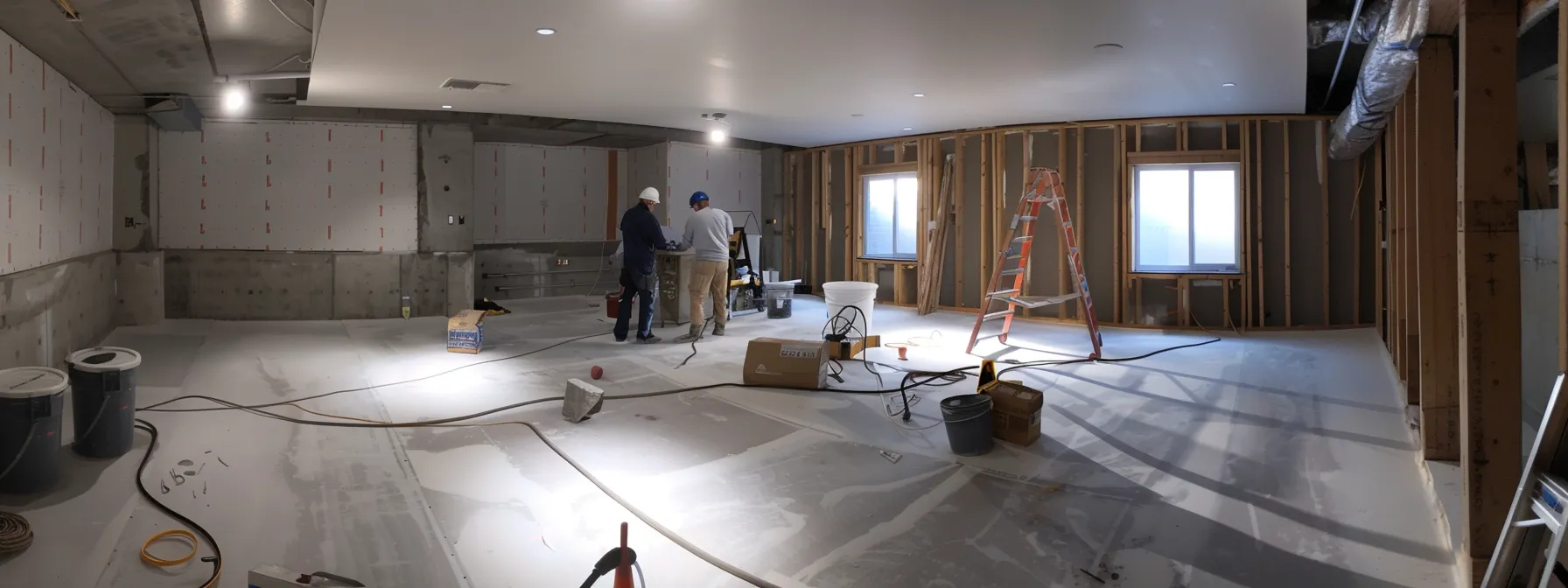 a well-lit residential basement showcases the waterproofing process, featuring exposed concrete walls while a contractor diligently applies hydraulic cement to seal cracks and another installs a french drain, highlighting a clean, professional workspace ready for maintenance.