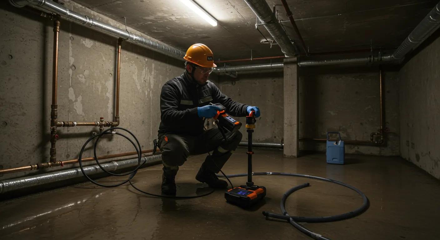 a sharply focused indoor scene showcases a professional technician employing advanced leak detection equipment in a dimly lit basement, highlighting precision in addressing water intrusion with high-tech tools against a backdrop of exposed pipes and concrete walls.