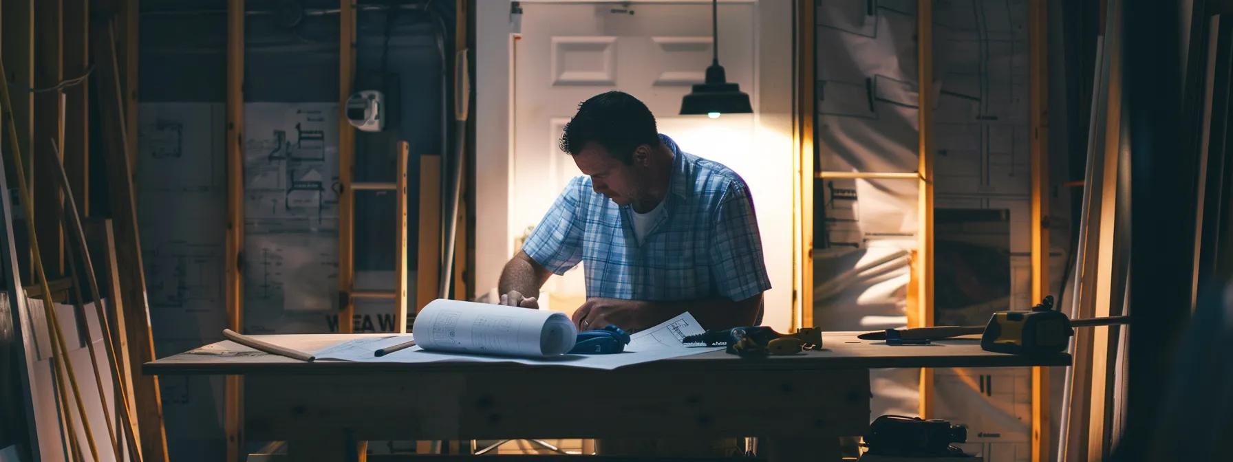 a professional contractor reviews blueprints in a well-lit, organized basement, surrounded by tools and materials, conveying expertise and meticulous planning in home repair.