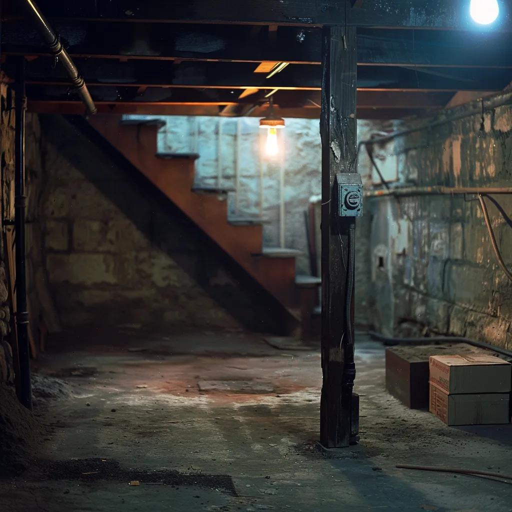 a detailed view of a dimly lit basement in a new hampshire residence, showcasing dark mold patches creeping along the damp, peeling drywall and the exposed wooden beams, emphasizing the hidden dangers of moisture accumulation in indoor spaces.