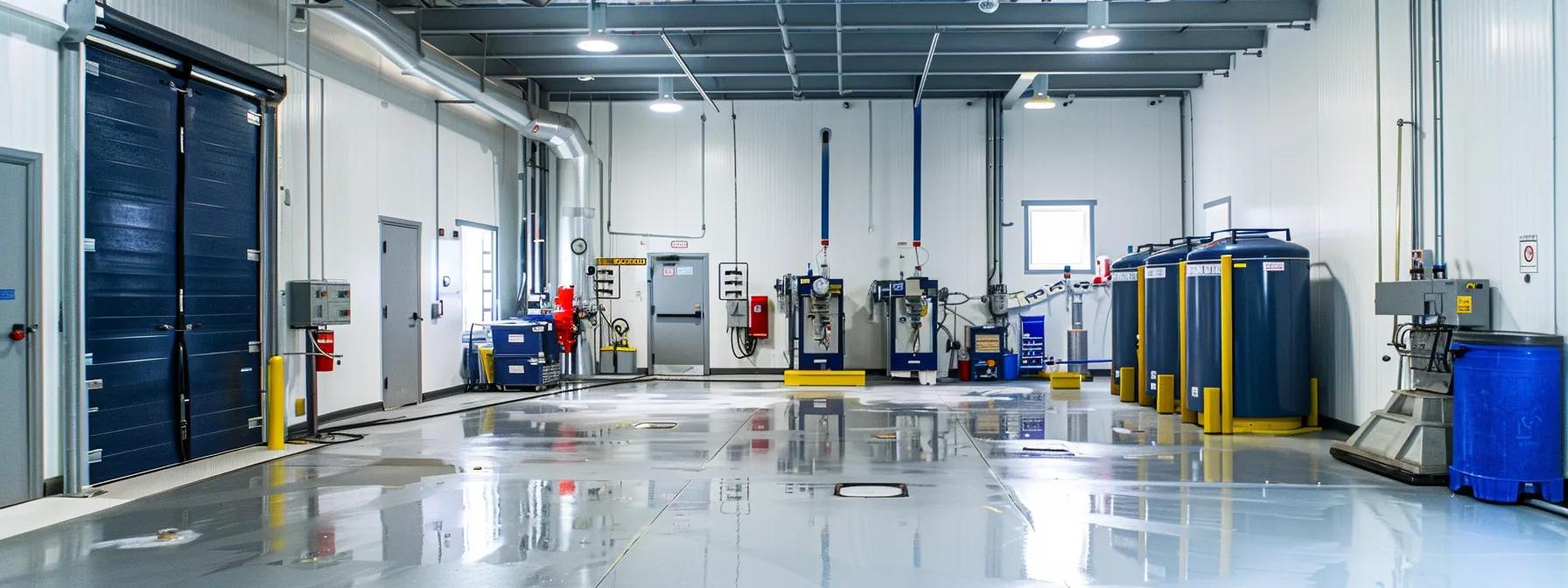 a modern, high-tech basement waterproofing facility showcases advanced machinery and equipment designed for interior and exterior waterproofing solutions, set against a clean, organized backdrop emphasizing efficiency in combating mold.