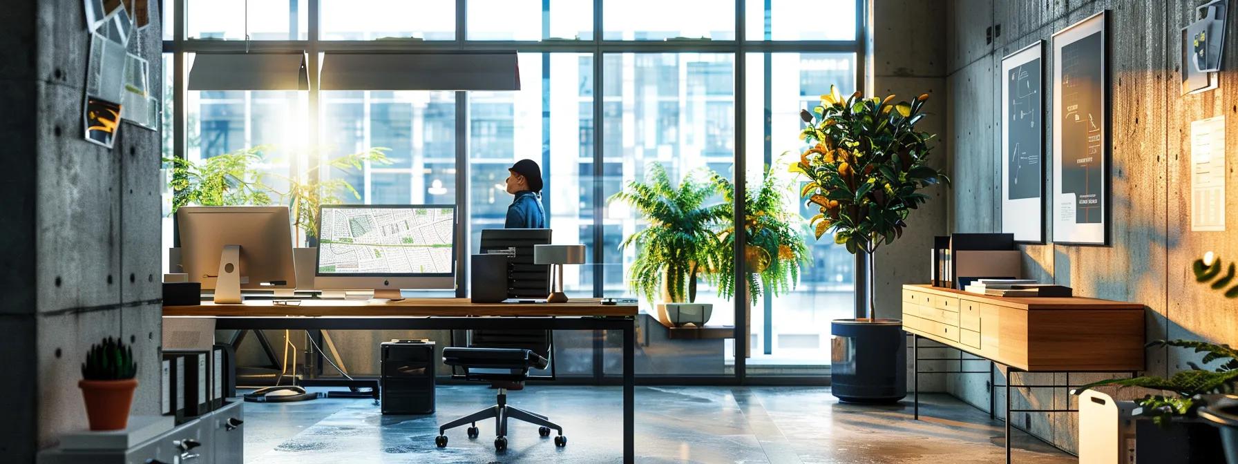 a sleek, modern office setting showcases a confident waterproofing professional analyzing a floor plan, surrounded by advanced moisture detection equipment, highlighting the strategic approach to mold defense and property preservation.