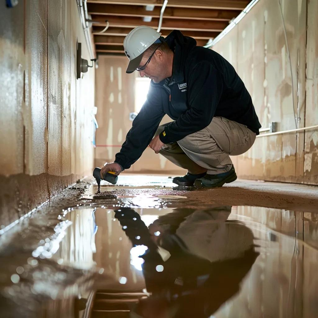 Professional waterproofing contractor inspecting a basement for moisture intrusion