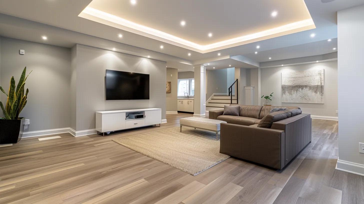 a sleek, modern basement featuring advanced waterproofing systems with visible polymer-modified membranes and efficient sump pumps, showcased in a well-lit, minimalistic space that highlights the contrast between innovative and traditional building methods.