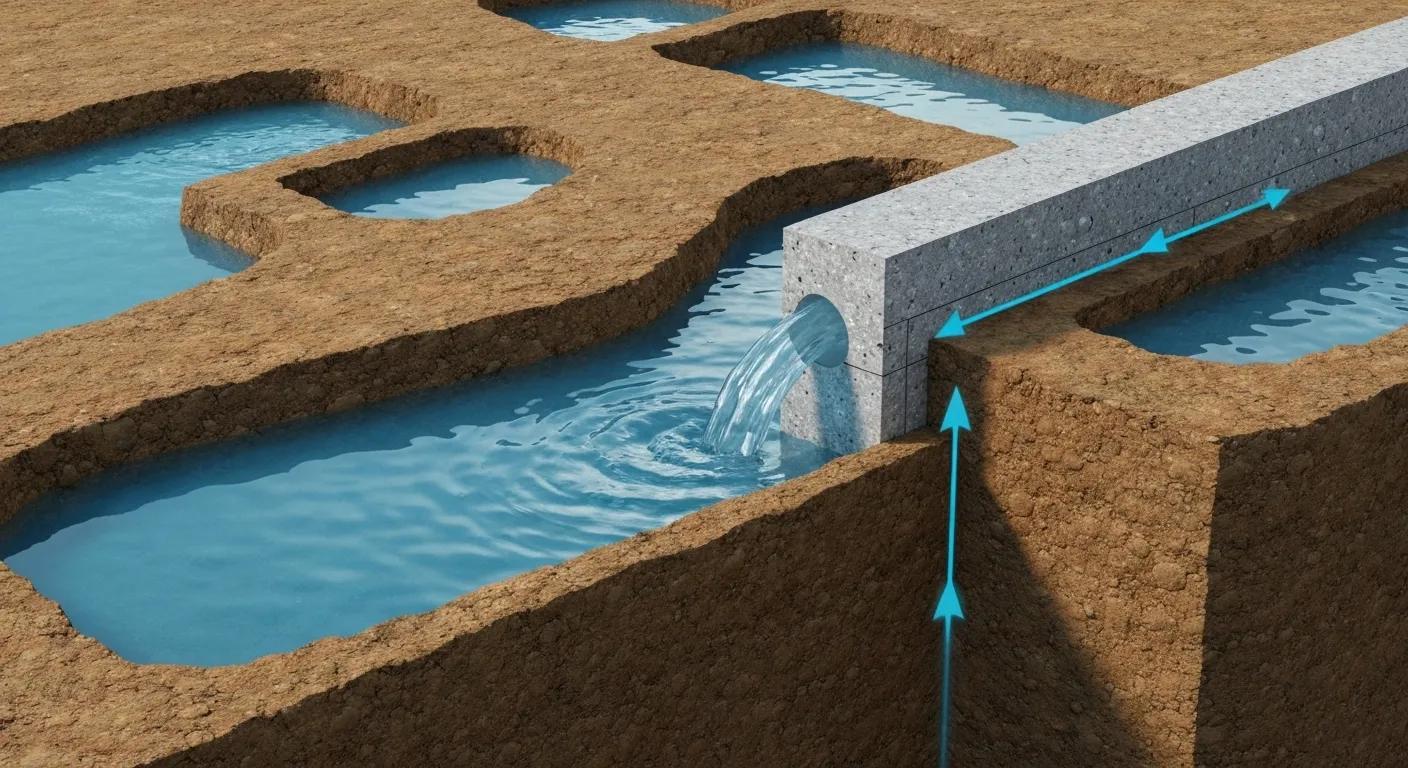 An illustration showing hydrostatic pressure affecting a foundation wall, with water pooling in the surrounding soil