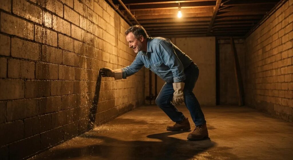 A seasoned contractor carefully examining a damp basement for signs of leaks