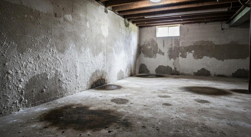Basement showing signs of water damage with efflorescence and damp spots